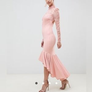 City Goddess Bridesmaid Long-Sleeve High Neck Fishtail Maxi Dress Lace Detail